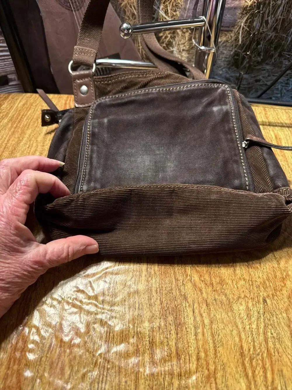 Fossil Brown Canvas and Corduroy Crossbody Bag with Floral Lining - Picture 2 of 5